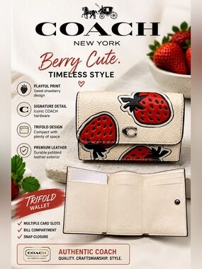 Coach Essential Mini Trifold Wallet Strawberry Print Chalk Multi Leather CU473